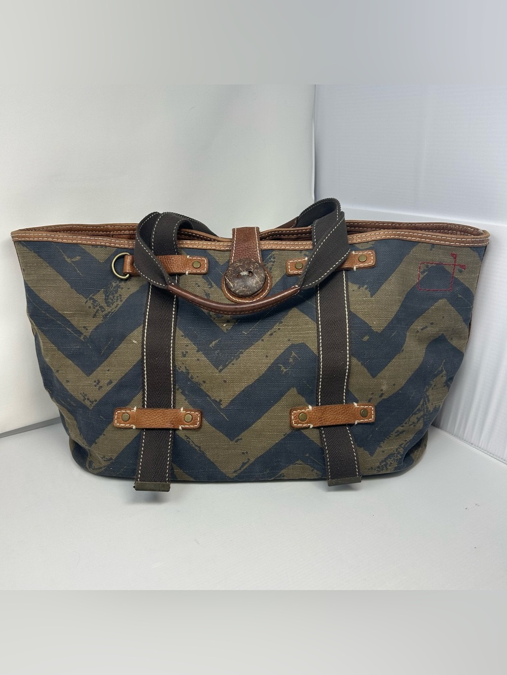 VTG Y2K GAP Tote Bag Canvas & Leather XL Rugged Heavy Duty Chevron Print